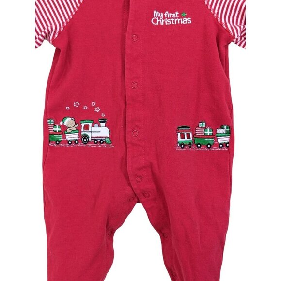 My First Christmas One Piece Baby 6 Months Red Green Striped Embroidered Train - Picture 2 of 6